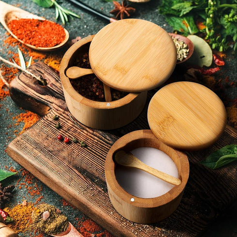 Natural Bamboo Salt and Pepper Bowl, Bamboo Salt Cellar with Built-in Spoon and Magnetic Swivel Lid, Single Compartment