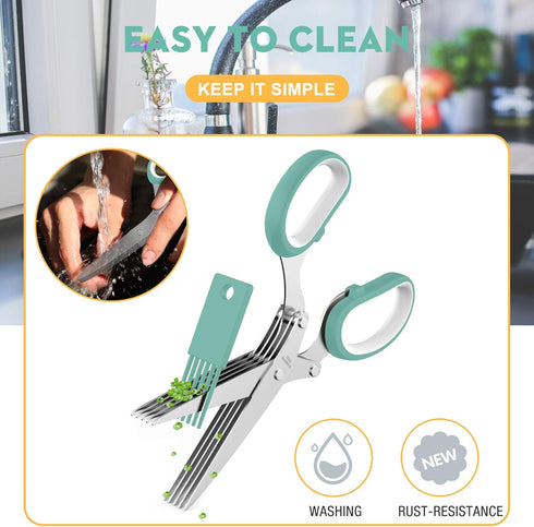 Updated 2025 Herb Scissors Set - Herb Cutter Shears with 5 Blades, Sharp Anti-rust Stainless Steel, Blue-White