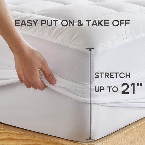 Quilted Mattress Pad, Soft Fluffy Pillow Top Cover, Down Alternative Fill Topper, Deep Pocket Up to 21 Inches, White,