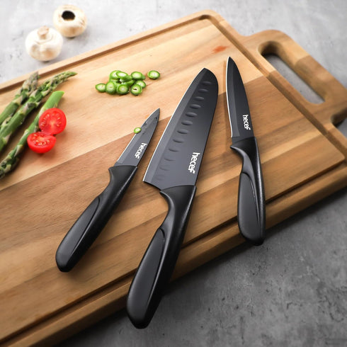 hecef Black Kitchen Knife Set of 3 - Sharp Stainless Steel Blades with Lightweight Handles, Non-Stick Coating