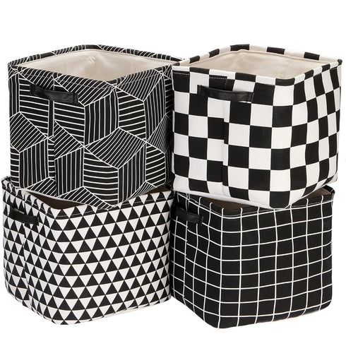 Sea Team Foldable Large Square Black and White Geometric Storage Bins, 100% Natural Linen & Cotton, Set of 4