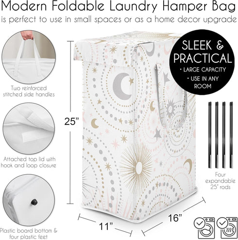 Sweet Jojo Designs Blush Pink Gold Star and Moon Girl Laundry Hamper Foldable Dirty Clothes Basket with Handles