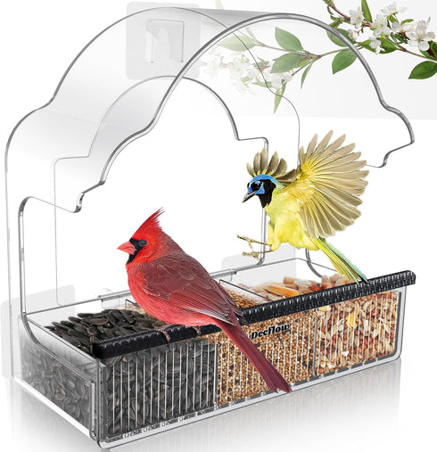 Window Bird Feeders for Outside, Clear Acrylic Bird Feeder with 3 Strong Adhesive Sheets for Wild Bird Watching