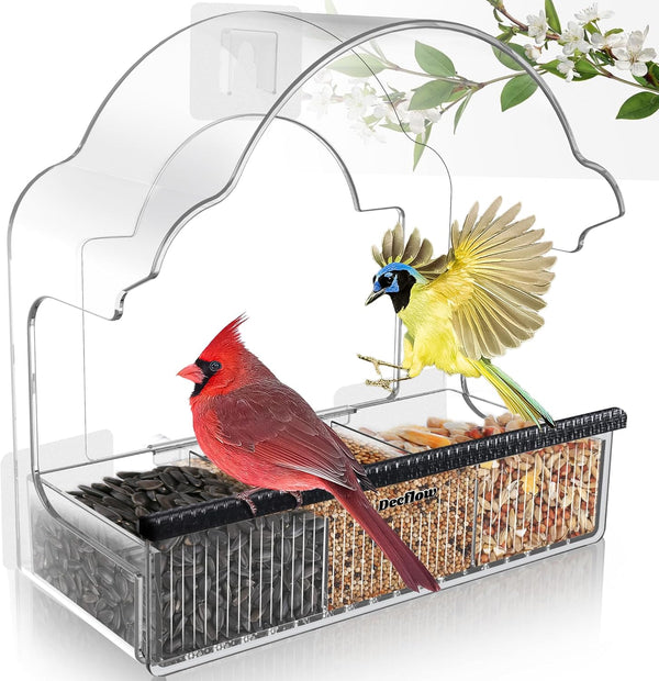 Window Bird Feeders for Outside, Clear Acrylic Bird Feeder with 3 Strong Adhesive Sheets for Wild Bird Watching