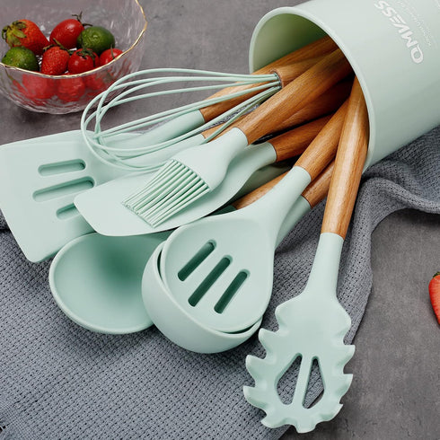 QMVESS Silicone Kitchen Utensils Set, 35 Pcs Non-Stick Cooking Accessories with Wooden Handles
