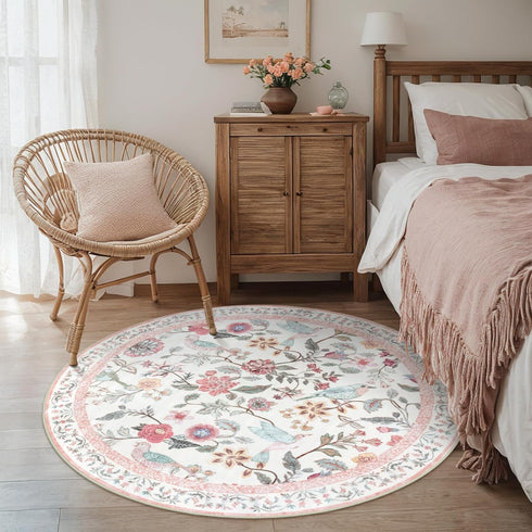 4ft, Rugalia Pink Floral Round Rugs Washable Boho Circle Rug for Girls Bedroom, Soft Non-Slip Botanical Nursery