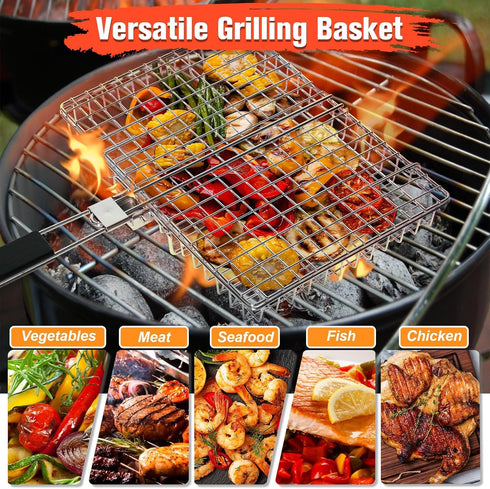 WHALERISE 6pcs,Basting Grill Basket for Outdoor Grill, Stainless Steel Grilling Basket with Foldable Handle, Portable