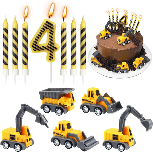 Number 4 Construction Birthday Candles, 12 Pcs Construction Cake Toppers Set, Digger