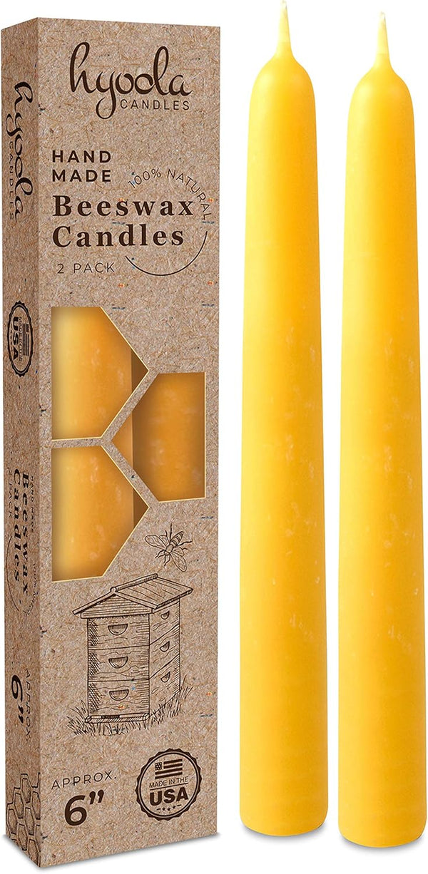 Hyoola 6" Beeswax Taper Candles, 6 Hour Burn Time, Yellow Beeswax Candles, 2 Pack