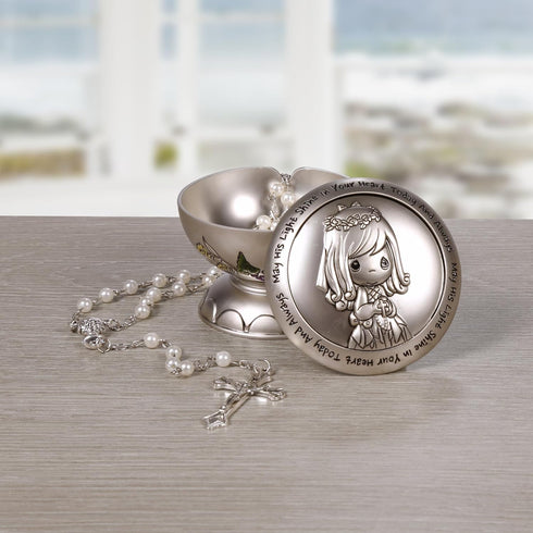 Precious Moments First Communion Rosary Gift - May His Light Shine in Your Heart & Silver Zinc Alloy Rosary Box