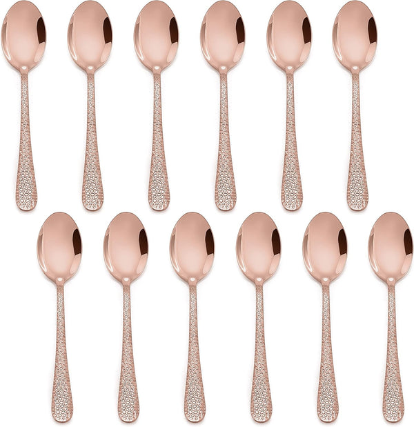 E-far 12-Piece Copper Coffee Spoons, 6-Inch Stainless Steel Espresso Spoons with Hammered Design & Mirror Finish