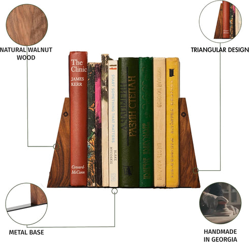 Firmly TILISMA Walnut Bookends for Shelves | Wooden Book Ends for Shelves | Sturdy Book Holders, Stoppers with Metal