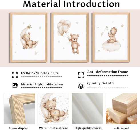 Set 3, 12x16 inch Framed Teddy Bear Wall Art Nursery Decor of Bear Sleeping on The Moon and Stars Pictures Canvas