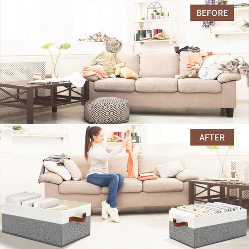 Closet Organizer Bins 3 Pack, Large Storage Bins for Shelves, Foldable with Leather Handles, Grey