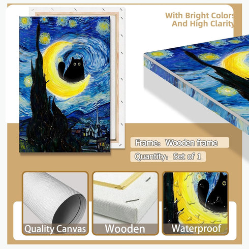 TYOHU Black Cat Canvas Wall Art, Starry Night Oil Painting, 12x16in Framed Colorful Abstract Floral Prints for Gallery