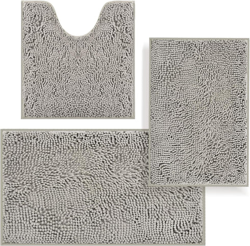 Bathroom Rugs Sets 3 Piece, Non Slip Thick Chenille Bath Mat, Soft Absorbent Shaggy Bathroom Carpet Set