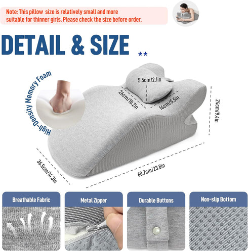 Memory Foam Wedge Reading Pillow for Bed, Adult Ergonomic Back Pillow with Adjustable Headrest, Bed Pillow for Sitting