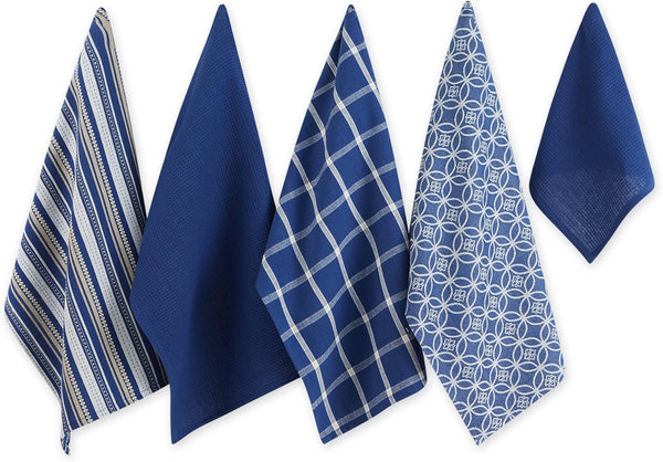 DII Assorted Woven Kitchen Set, 5 Piece, Nautical Blue, Dishtowel 18x28, Dishcloth 13x13