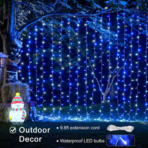 300LED 8 9.8x9.8ft JMEXSUSS Christmas Curtain Lights Plug in with Remote, Blue and White Christmas Lights Indoor