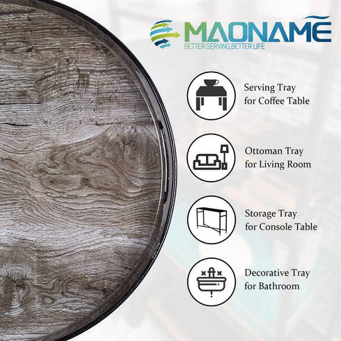 13" MAONAME Round Decorative Tray, Plastic Tray with Handles, Coffee Table Trays, Serving Trays for Ottoman, Bathroom