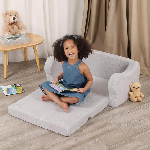 2-in-1 Extra Wide Toddler Chair, Toddler Couch Fold Out, Convertible Sherpa Sofa to Lounger for Boys & Girls, Grey