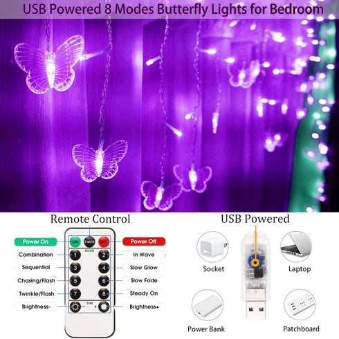 in,120 8 20FT Purple Butterfly Curtain Fairy Lights USB Plug LED Modes Firefly Twinkle Icicle String Lights with Remote