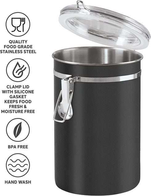 62 oz, 5" 7.5". Oggi Stainless Steel Kitchen Canister fl Black - Airtight Clamp Lid, Clear See-Thru Top - Ideal
