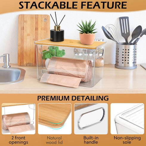 2 Pack 13-33 Stackable Trash Bag Dispenser with Wooden Top for Large & Extra-Large Rolls Garbage Bag Holder for Gallon
