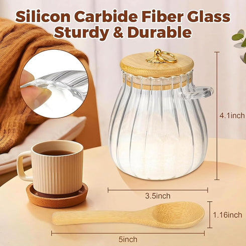Spoon,15 oz holoith Sugar Container with Bamboo Lid and Sugar Bowl Glass Jar for Coffee Bar Accessories Coffee Canister