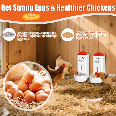 2 Pack Chicken Grit and Oyster Shell Feeder, Automatic PVC Chicken Feeder with Visual Window and Lid, Hanging Chicken