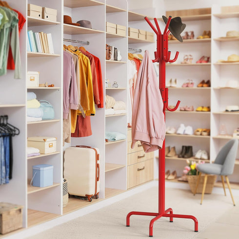 Simple Houseware Standing Coat and Hat Hanger Organizer Rack, 12 Hooks in Red