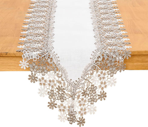 Winotic White Beige Floral Lace Table Runner Dresser Scarf 36 inches Long for