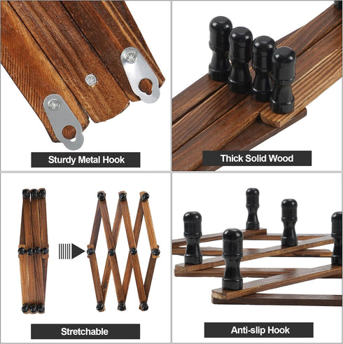 WGFKVAS 2 Pack Accordion Hat Rack for Wall, Expandable Wooden Coat Rack with 10 Peg Hooks for Hats and Coats