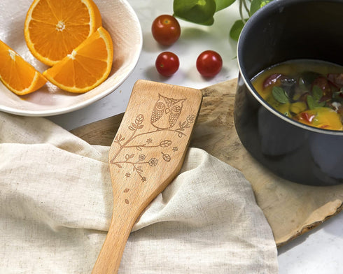 Talisman Designs Laser Etched Beechwood Turner, Woodland Owl Design Cooking Turner
