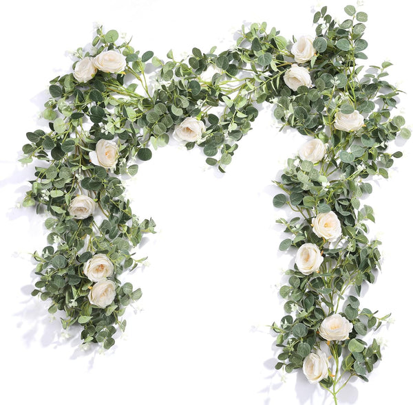 Der Rose 2Pcs Artificial Eucalyptus Flower Garland with Fake Rose Flower Vine, 13FT Total Decor