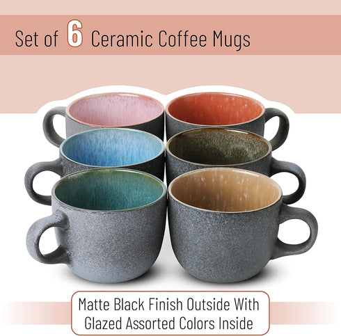 Brew To A Tea Set, 14 oz (415 ml), 6 Pack, Set, BTaT- Porcelain Coffee Mugs Ceramic Coffee Mugs, Matte Black Outside