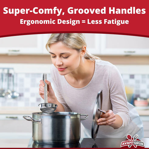 Super Sturdy Ergonomic Soup Ladle - 1 Oz. Stainless Steel Tongs with Long Handles for Serving Soups and Stews
