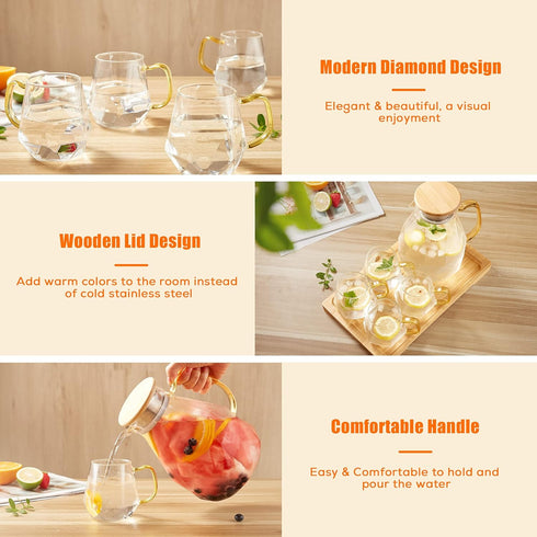 Set (68 oz) 4 1 DUJUST Glass Pitcher with Cups & Tray, Elegant Diamond Design Water Pitcher with Handle, High