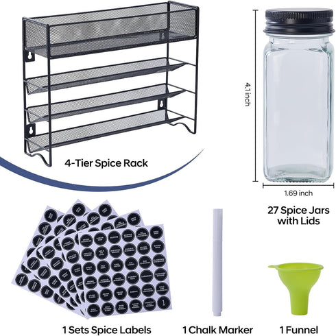 27 Countertop, Spice Rack Organizer with Spice Jars with Black Lids, Funnel, Spice Labels, Pen, Seasoning Organizer