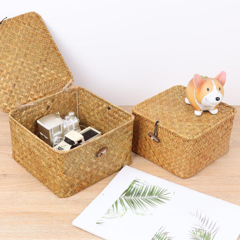 Wicker Shelf Baskets with Lid, Handwoven Seagrass Storage Basket Bins Square Gift Boxes for Shelves Home Decor Organizer (Natural, Small) by Moosky