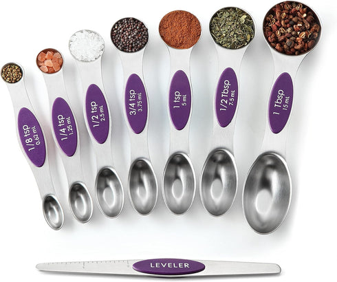 Spring Chef Purple Magnetic Measuring Spoons Set of 8: Dual Sided Metal Teaspoon & Tablespoon for Baking & Cooking