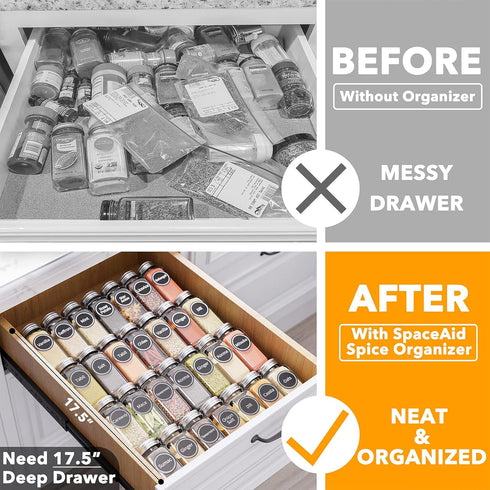 28 386 4 13" 17.5" SpaceAid Spice Drawer Organizer with Spice Jars, Spice Labels, Tier Seasoning Rack Tray Insert