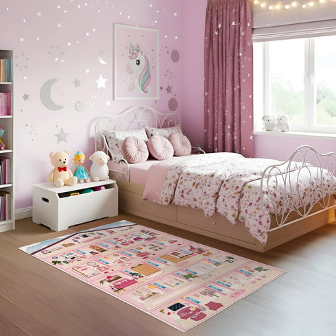 4x6 Rug&Play Ultra Soft Pink Dollhouse Play Rug for Girls Room Washable Non-Slip Area Rugs for Kid Bedroom & Kids
