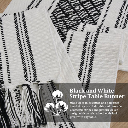 72 Inches yuboo Black and White Table Runner Farmhouse Style, Modern Long Geometric Woven Coffee Table Runner Long
