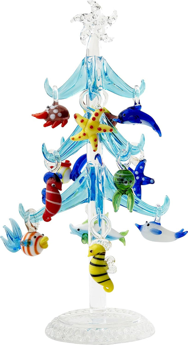 LS Arts XM-576 Blue Sea Life Christmas Glass Tree - 7.75" - Gift Box