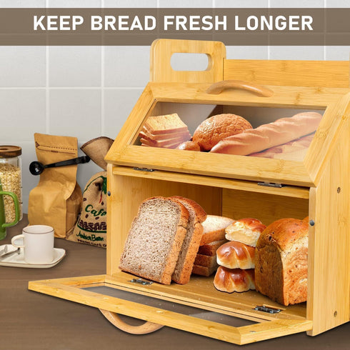 Required(14.9" 11" 15.3") BAMBANG Extra Large Bread Box, Double Layer Bread Box for Homemade Bread, Bamboo Wooden Bread