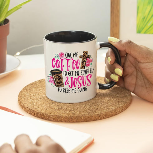 YouNique Designs Coffee & Jesus Christian Mug, 11 Ounces, Black Handle, Scripture Coffee Mug for Women