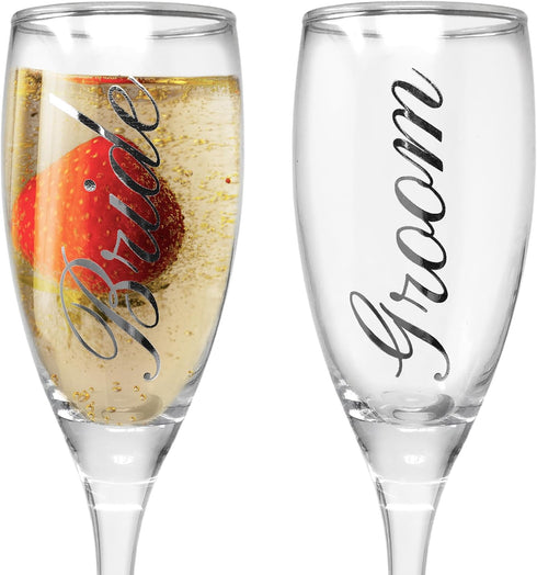BANBERRY DESIGNS Bride and Groom Champagne Glasses Set of 2 - Elegant Toasting Flutes Silver Wedding Champagne Set (6