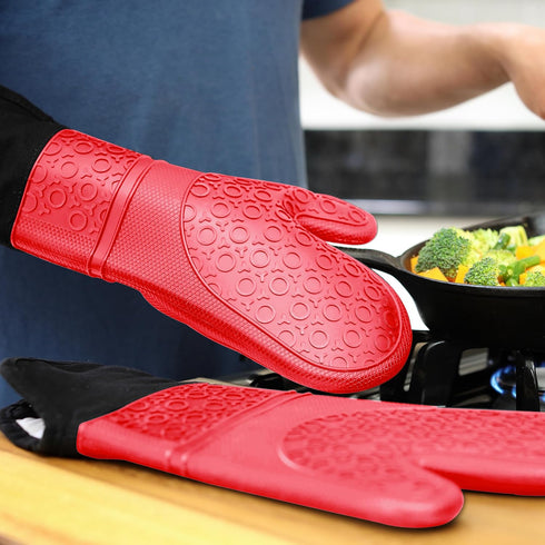 HOMWE Extra Long Professional Silicone Oven Mitt, Heat Resistant, Red, 1 Pair, 14.7 Inch