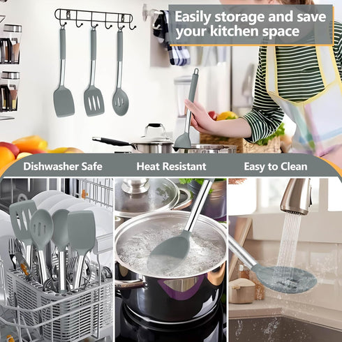 P&P CHEF Kitchen Utensils Set, 4Pcs Silicone Cooking Spatulas, Heat-proof Turner Spoon, Dishwasher Safe, Grey